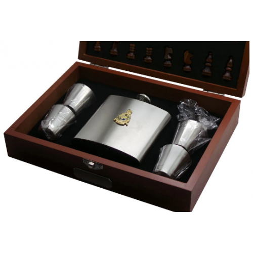 Royal Marines Hip Flask and Wooden Chess Set Royal Marines Hip Flask and Wooden Chess Set